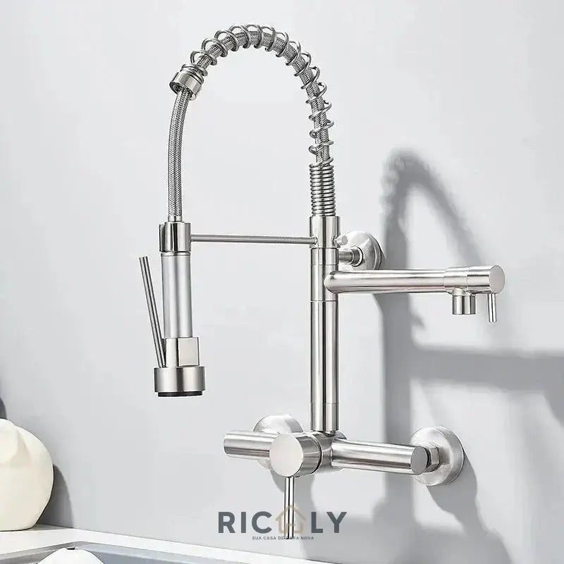 Ricaly: Torneira de Parede para Cozinha com Misturador Pull Out - Estilo e Praticidade! - Cromado Escovado - Torneira