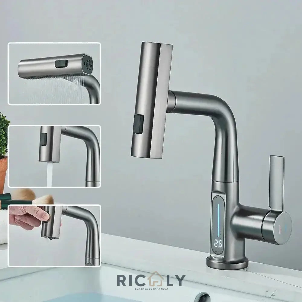 Ricaly: Torneira Gourmet Digital com Sensor de Temperatura - Tecnologia e Estilo para sua Cozinha - Cinza Escovado