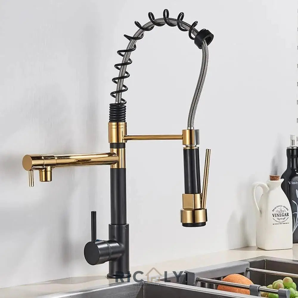 Ricaly Torneira Gourmet Monocomando Luxflow: Estilo e Praticidade para Sua Cozinha - Dourado Com Preto - Torneira