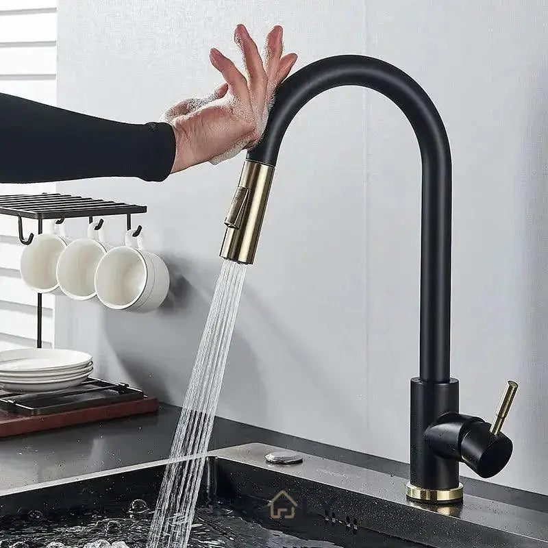 Ricaly Torneira Monocomando para Cozinha - Rotação 360° para Praticidade e Estilo - Preto Com Dourado - Torneira