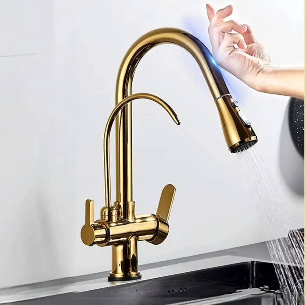 Ricaly: Torneira Touch Monocomando Gourmet com Filtro - Elegância e Praticidade para Sua Cozinha - Dourado Escovado