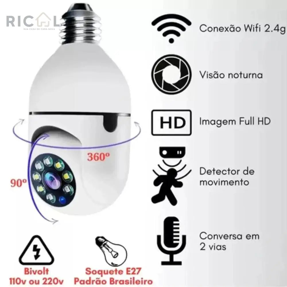 Ricaly Vision: Câmera Lâmpada Smart Wi-Fi Full HD com Visão Noturna - Segurança e Estilo em Um Só Produto!