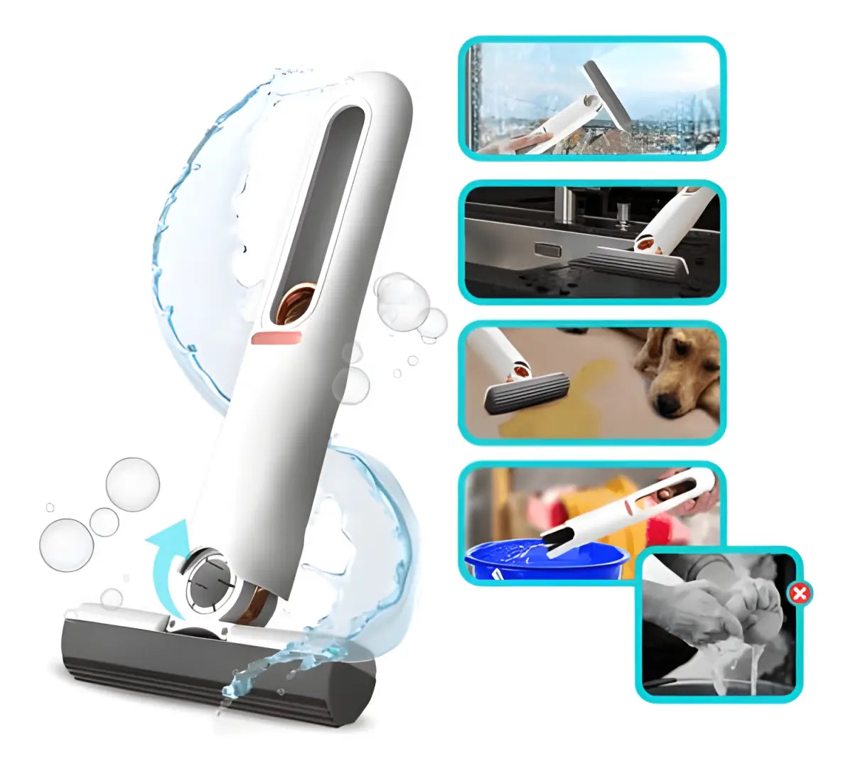 Mini esfregão absorvente branco com splash de água, ideal para limpeza eficaz