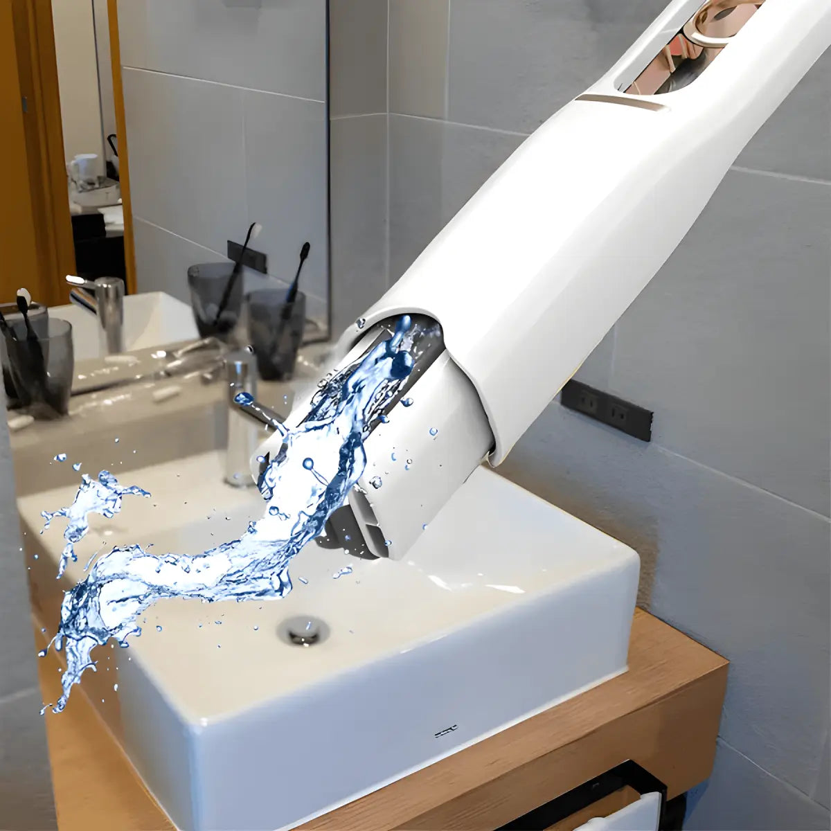 Imagem de torneira futurista branca com água, ideal para mini esfregão absorvente e mop portátil auto-squeeze Ricaly