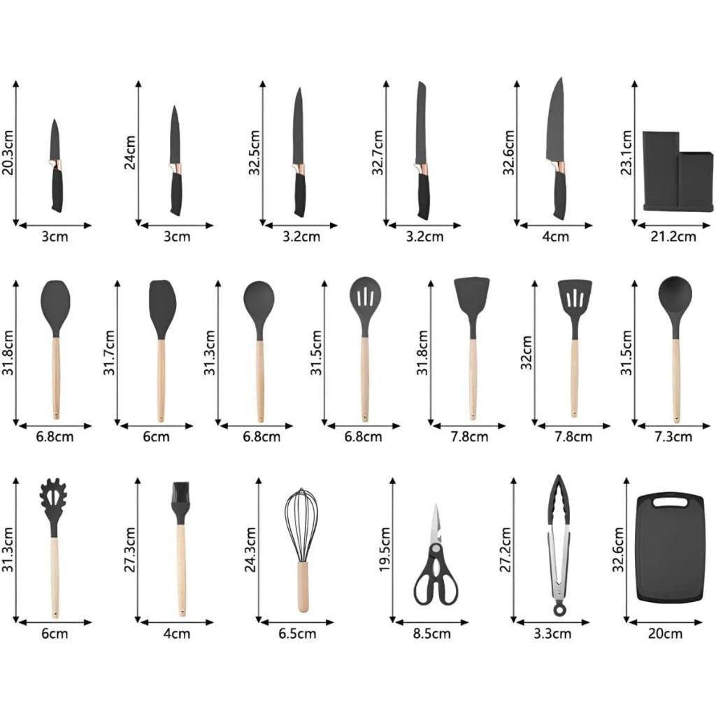 Conjunto de 19 Peças Utensílios de Cozinha em Silicone - Cabo de Madeira - Resistente a Alta Temperatura - Ricaly