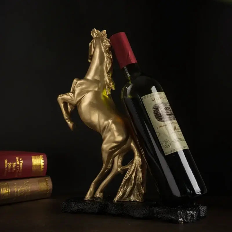 Suporte de vinho Cavalo Guerreiro em resina dourada, elegância e sofisticação
