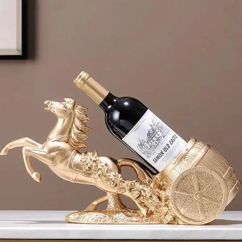 Suporte de vinho dourado com cavalo dourado em metal clássico azul elegante Ricaly