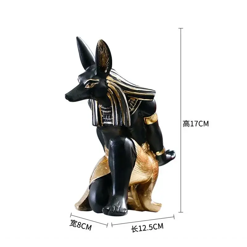 Estátua de Anubis preta e dourada em suporte de garrafa de resina estilo Egípcio