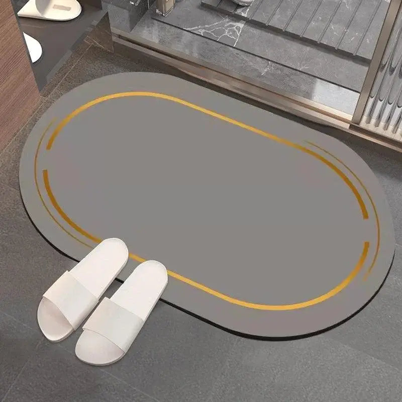 Tapete Antiderrapante Premium Oval Cinza com Acabamento Dourado Compre agora Ricaly