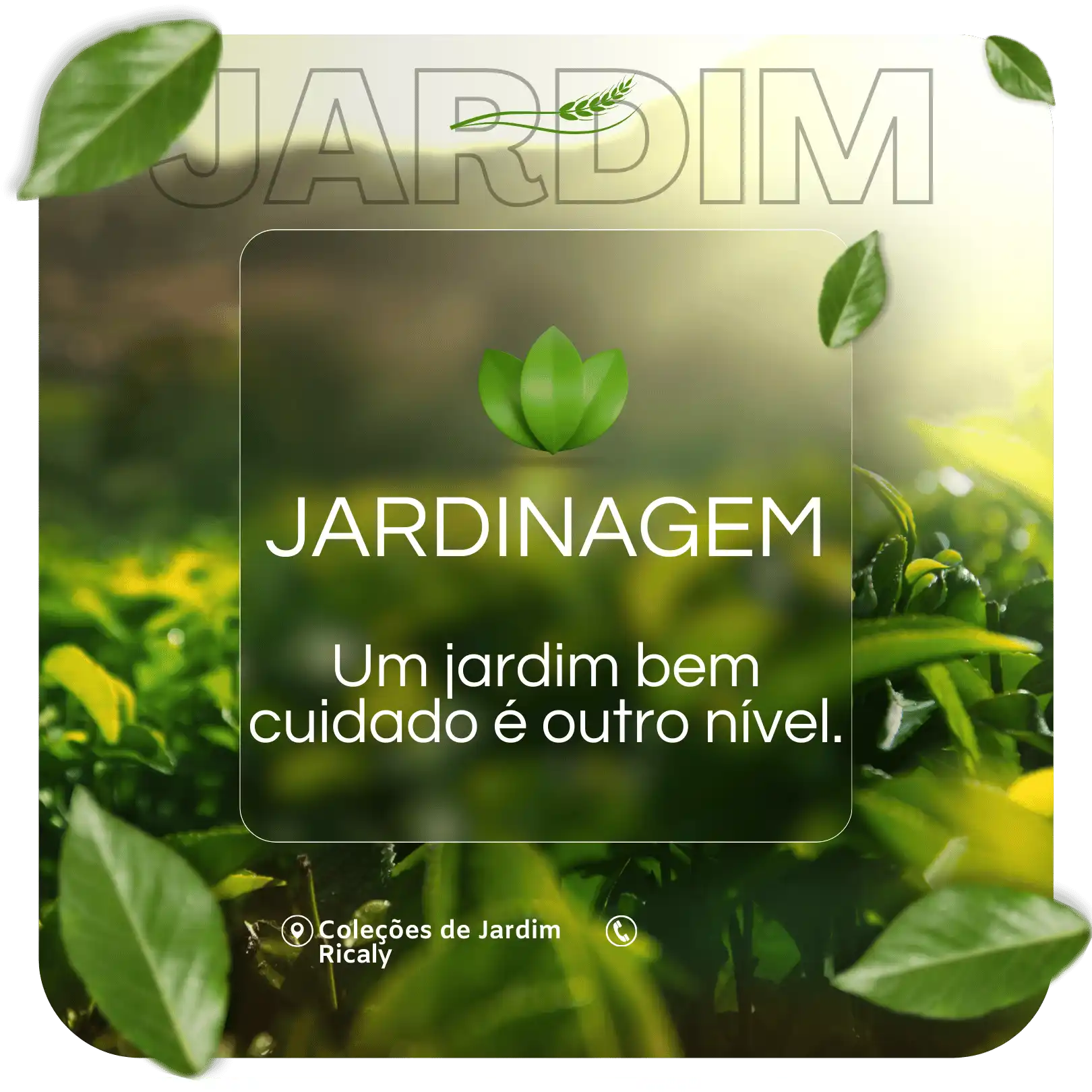 Sobreposição de texto em um painel de vidro fosco com as palavras 'JARDIM' e 'JARDINAGEM' com uma mensagem de jardinagem em português contra um fundo de folhagem verde.