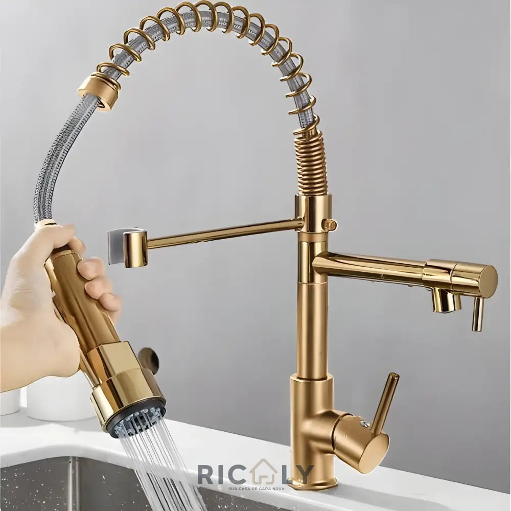 Torneira de Cozinha Monocomando Gourmet Extensível com Bico de Acionamento para Água Quente e Fria - Ricaly - Dourado