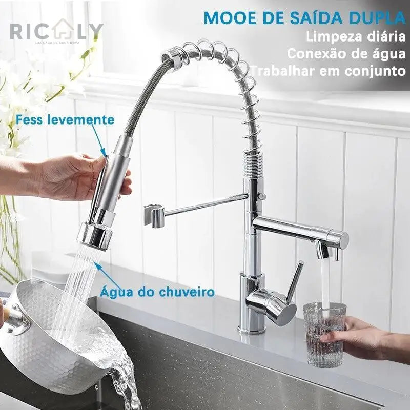 Torneira de Cozinha Monocomando Gourmet Extensível com Bico de Acionamento para Água Quente e Fria - Ricaly - Cozinha